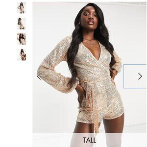 Parisian Tall sequin tie waist romper in gold Size US 6 NEW WITH TAG!